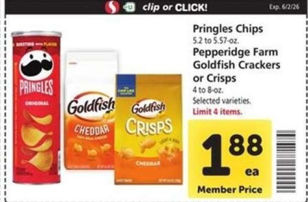 Pringles Chips, Pepperidge Farm Goldfish Crackers or Crisps