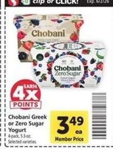 Chobani Greek or Zero Sugar Yogurt