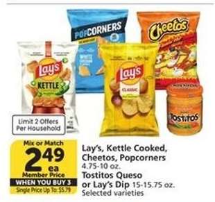 Lay's, Kettle Cooked, Cheetos, Popcorners, Tostitos Queso or Lay's Dip