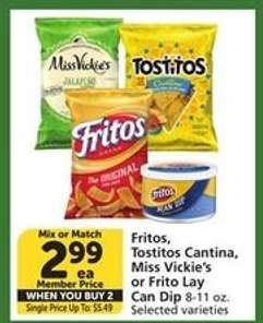 Fritos, Tostitos Cantina, Miss Vickie's or Frito Lay Can Dip