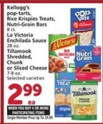 Kellogg's Pop-Tarts, Rice Krispies Treats, Nutri-Grain Bars, La Victoria Enchilada Sauce, Tillamook Cheese