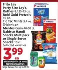 Frito Lay Party Size Lay's, Ruffles, Rold Gold Pretzels, Tic Tac Mints, Trident or Mentos Gum, Nabisco Handi Snacks Multipack or Single Serve Snacks