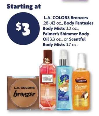 L.A. COLORS Bronzers, Body Fantasies Body Mists, Palmer’s Shimmer Body Oil, Scentful Body Mists