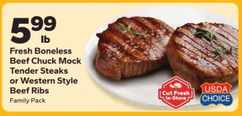 Fresh Boneless Beef Chuck Mock Tender Steaks or Western Style Beef Ribs