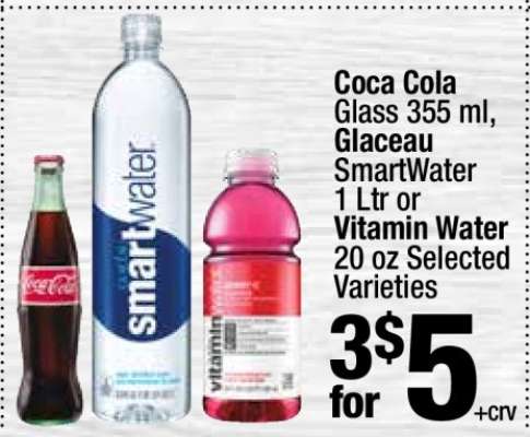 Coca Cola Glass 355 ml, Glaceau SmartWater 1 Ltr or Vitamin Water 20 oz