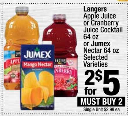 Langers Apple Juice or Cranberry Juice Cocktail 64 oz or Jumex Nectar 64 oz