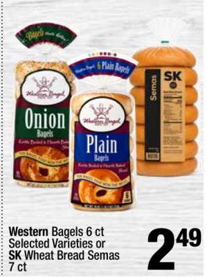 Western Bagels 6 ct Selected Varieties or SK Wheat Bread Semas 7 ct