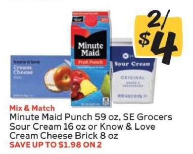 Minute Maid Punch, SE Grocers Sour Cream, Know & Love Cream Cheese