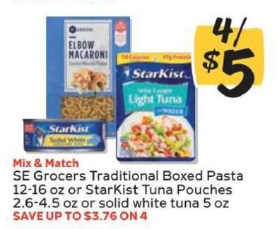 SE Grocers Traditional Boxed Pasta or StarKist Tuna