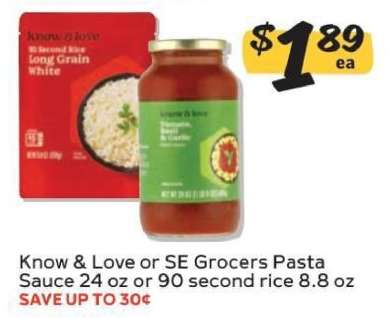 Know & Love or SE Grocers Pasta Sauce or Rice