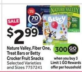 Nature Valley, Fiber One, Treat Bars or Betty Crocker Fruit Snacks