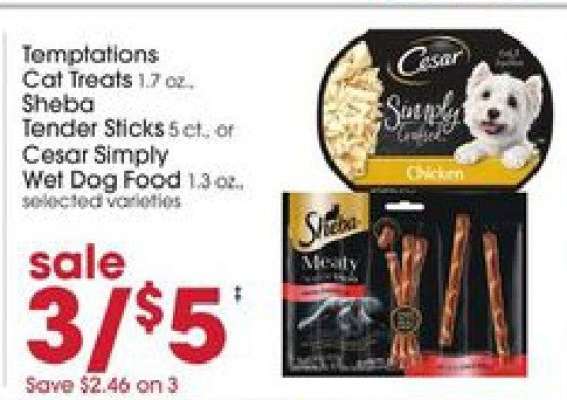 Temptations Cat Treats, Sheba Tender Sticks, Cesar Simply Wet Dog Food