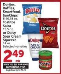 Doritos, Ruffles, Smartfood, SunChips, Tostitos Salsa or Daisy Sour Cream Squeeze
