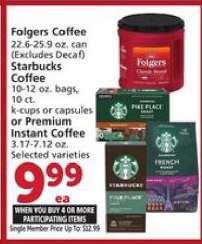 Folgers Coffee, Starbucks Coffee, or Premium Instant Coffee