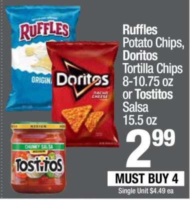 Ruffles Potato Chips, Doritos Tortilla Chips or Tostitos Salsa