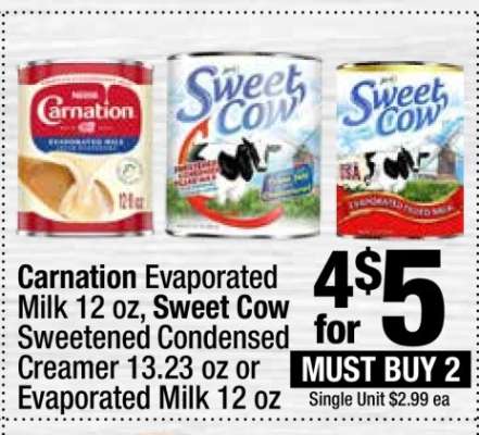 Carnation Evaporated Milk 12 oz, Sweet Cow Sweetened Condensed Creamer 13.23 oz or Evaporated Milk 12 oz