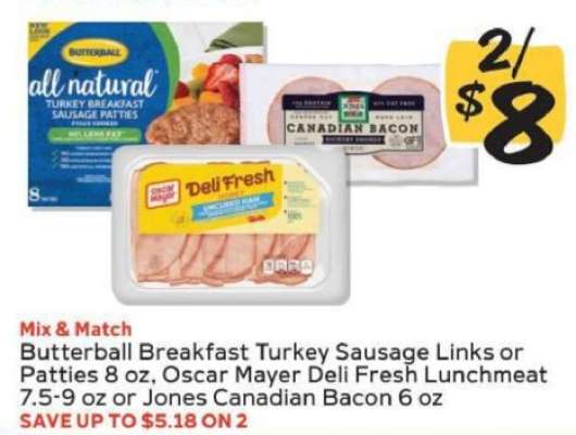 Butterball Breakfast Turkey Sausage Links or Patties, Oscar Mayer Deli Fresh Lunchmeat, Jones Canadian Bacon