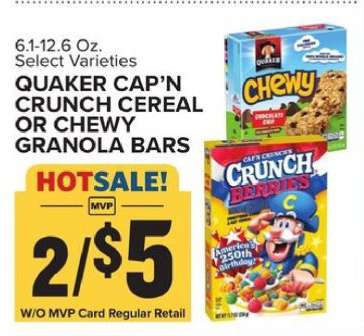 Quaker Cap'n Crunch Cereal or Chewy Granola Bars