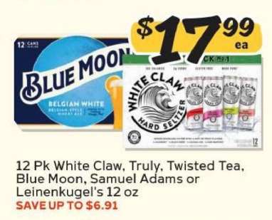 12 Pk White Claw, Truly, Twisted Tea, Blue Moon, Samuel Adams or Leinenkugel's