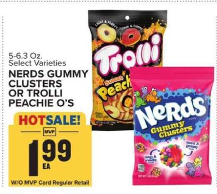 Nerds Gummy Clusters or Trolli Peachie O's