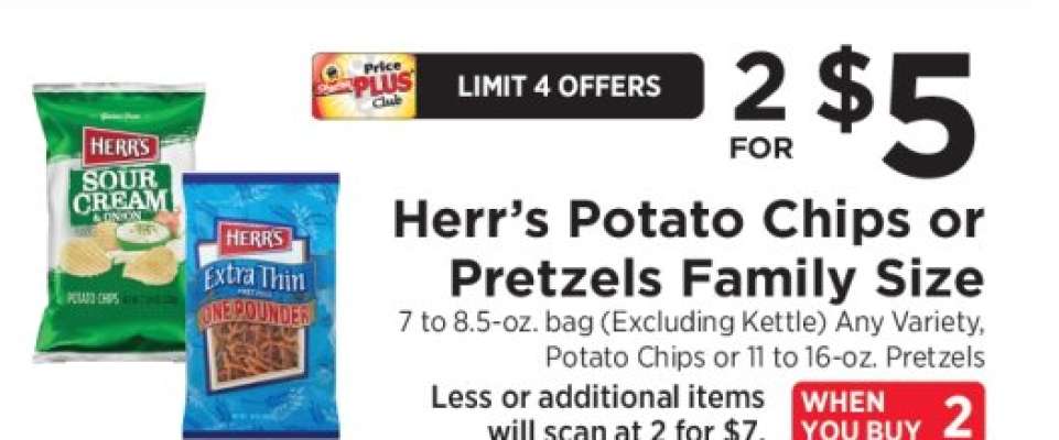 Herr's Potato Chips or Pretzels Family Size