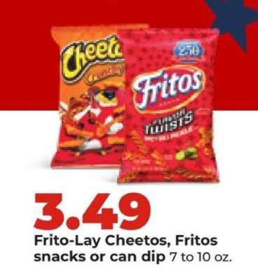 Frito-Lay Cheetos, Fritos snacks or can dip