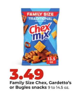 Family Size Chex, Gardetto’s or Bugles snacks