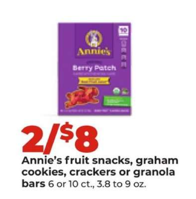 Annie’s fruit snacks, graham cookies, crackers or granola bars
