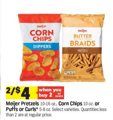 Meijer Pretzels, Corn Chips, Puffs or Curls