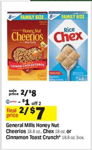 General Mills Honey Nut Cheerios, Chex, or Cinnamon Toast Crunch