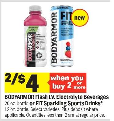 BODYARMOR Flash I.V. Electrolyte Beverages or FIT Sparkling Sports Drinks