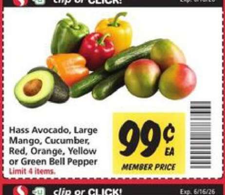 Hass Avocado, Large Mango, Cucumber, Red, Orange, Yellow or Green Bell Pepper