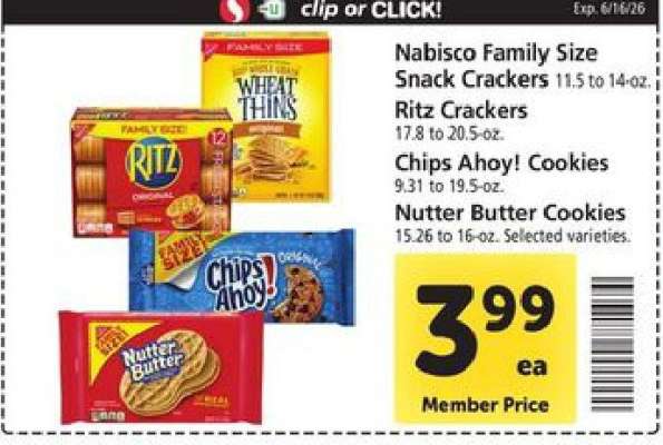 Nabisco Family Size Snack Crackers, Ritz Crackers, Chips Ahoy! Cookies, Nutter Butter Cookies