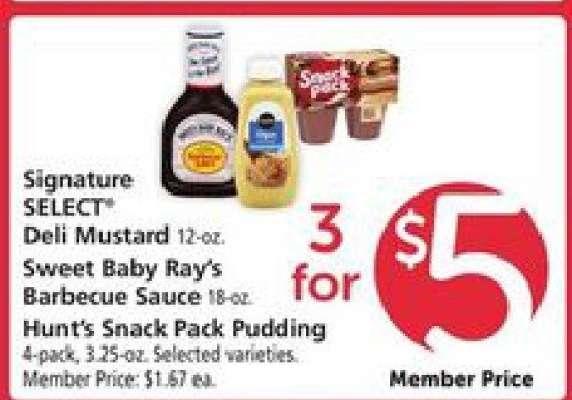 Signature SELECT Deli Mustard, Sweet Baby Ray's Barbecue Sauce, Hunt's Snack Pack Pudding