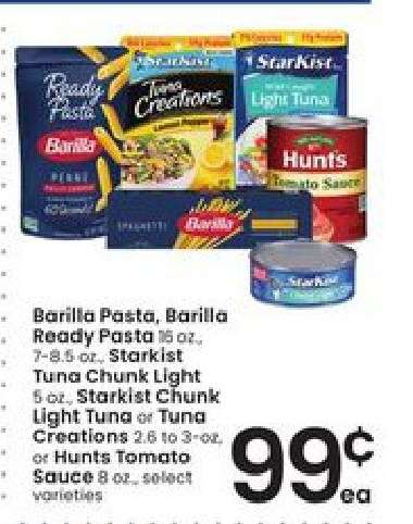 Barilla Pasta, Barilla Ready Pasta, Starkist Tuna, Hunts Tomato Sauce