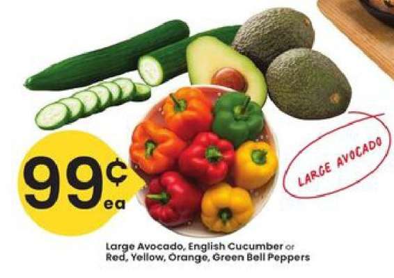 Large Avocado, English Cucumber or Red, Yellow, Orange, Green Bell Peppers