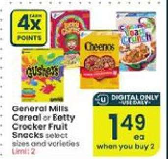 General Mills Cereal or Betty Crocker Fruit Snacks