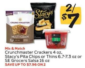 Crunchmaster Crackers, Stacy's Pita Chips or Thins, SE Grocers Salsa
