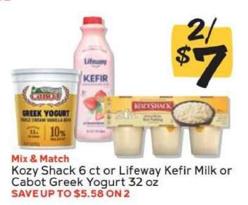 Kozy Shack 6 ct or Lifeway Kefir Milk or Cabot Greek Yogurt 32 oz