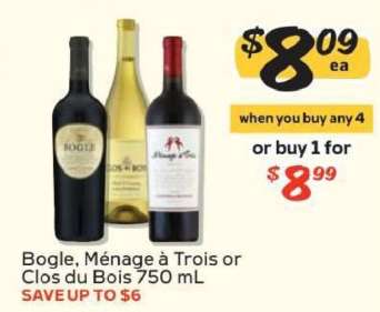 Bogle, Ménage à Trois or Clos du Bois 750 mL