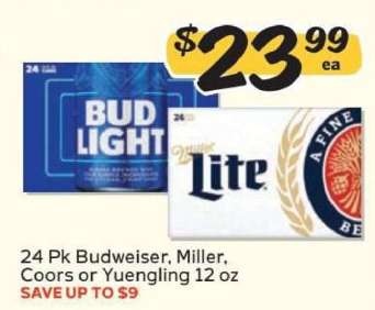 24 Pk Budweiser, Miller, Coors or Yuengling 12 oz