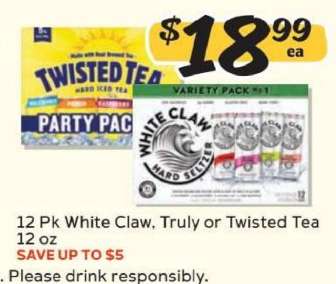 12 Pk White Claw, Truly or Twisted Tea 12 oz