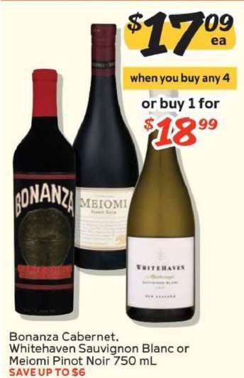 Bonanza Cabernet, Whitehaven Sauvignon Blanc or Meiomi Pinot Noir 750 mL