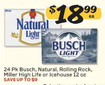 24 Pk Busch, Natural, Rolling Rock, Miller High Life or Icehouse 12 oz