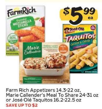 Farm Rich Appetizers, Marie Callender's Meal To Share, José Olé Taquitos