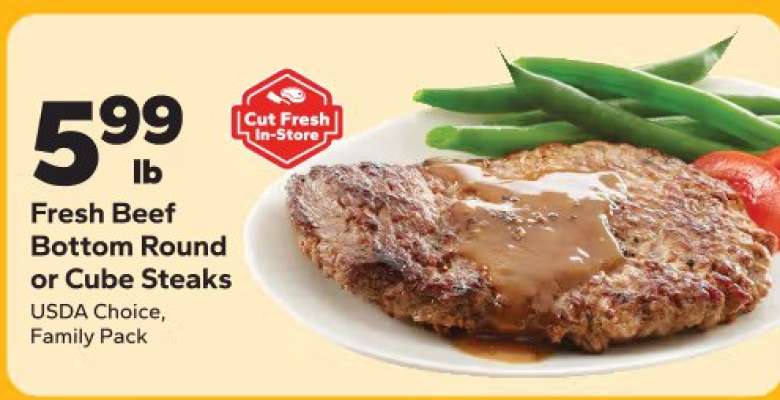 Fresh Beef Bottom Round or Cube Steaks