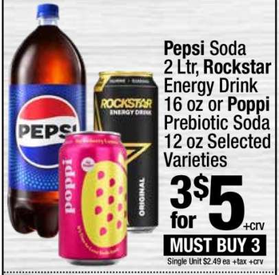 Pepsi Soda, Rockstar Energy Drink or Poppi Prebiotic Soda