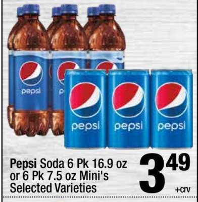 Pepsi Soda 6 Pk 16.9 oz or 6 Pk 7.5 oz Mini's