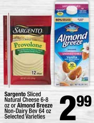 Sargento Sliced Natural Cheese 6-8 oz or Almond Breeze Non-Dairy Bev 64 oz