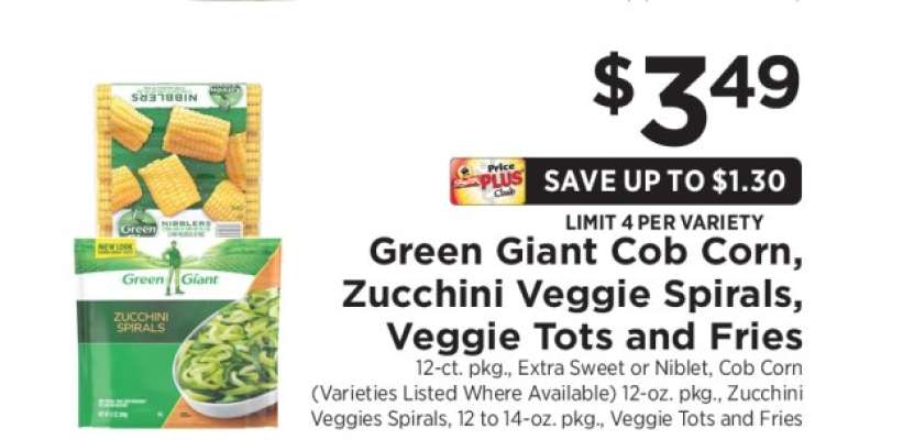 Green Giant Cob Corn, Zucchini Veggie Spirals, Veggie Tots and Fries